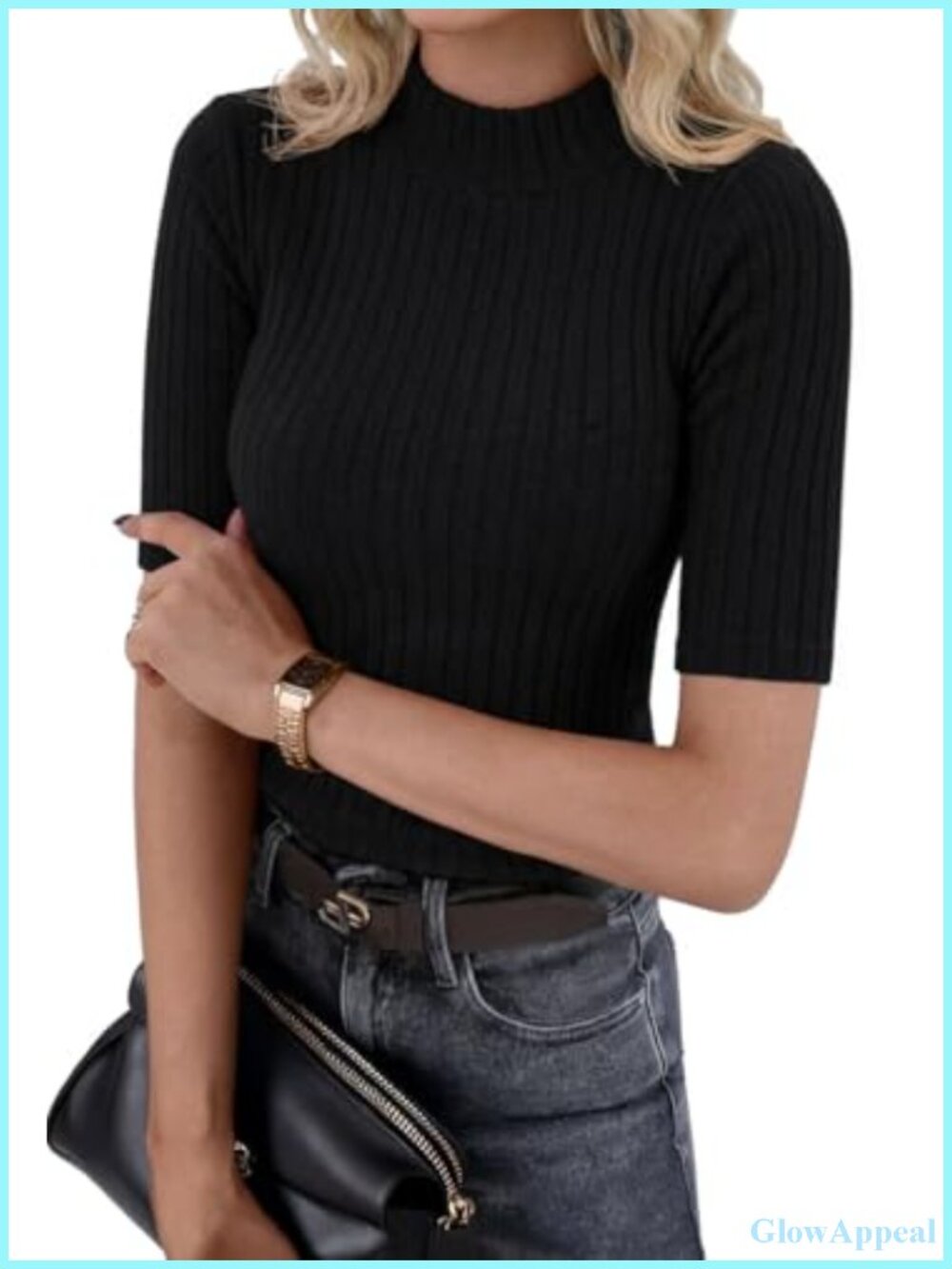 Mock Neck Short Sleeve Slim Fit Top Business Casual Work Blouse